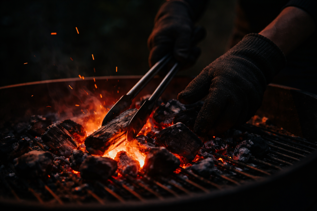 [dark] Billede til mission og værdier: et mere abstrakt, stemningsfuldt motiv med hænder, der styrer ilden, justerer grill og arbejder med gløder – fokus på håndværk, kontrol og respekt for varme.