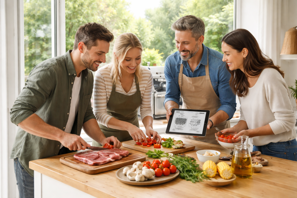 [light] Billede til ‘Om os’ med et lille team af mad- og grillentusiaster i et uformelt køkken-/outdoor-setup, der tester udstyr og udvikler opskrifter sammen.