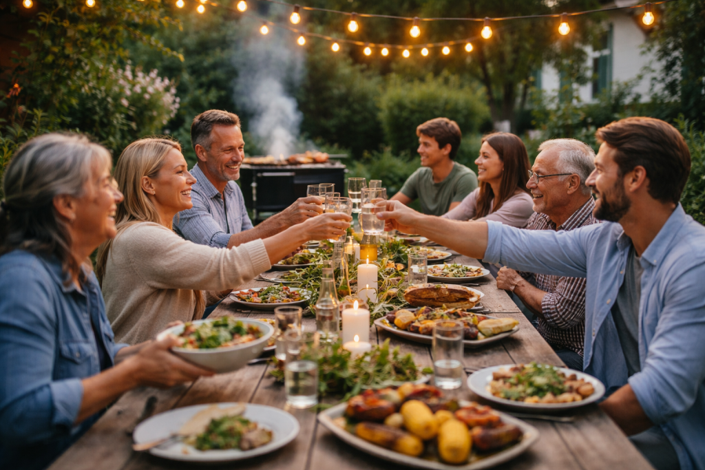 [light] Stemningsbillede til generel brug: en dansk sommeraften i haven med familie/venner, der spiser grillmad ved langbord – fokus på hygge og livsstil frem for udstyr.