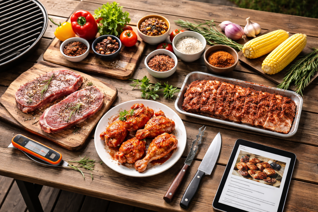 [light] Standard blogheader: et neutralt, overskueligt billede af grill- og outdoor cooking setup med forskellige råvarer og redskaber, klar til at dække mange emner.