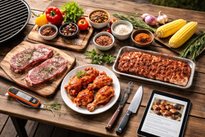 [light] Standard blogheader: et neutralt, overskueligt billede af grill- og outdoor cooking setup med forskellige råvarer og redskaber, klar til at dække mange emner.