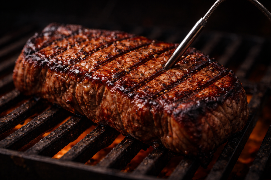 [dark] Detaljebillede: tæt close-up af et stykke perfekt grillet kød på rist med tydelige stegemærker, termometer og saftighed i fokus.