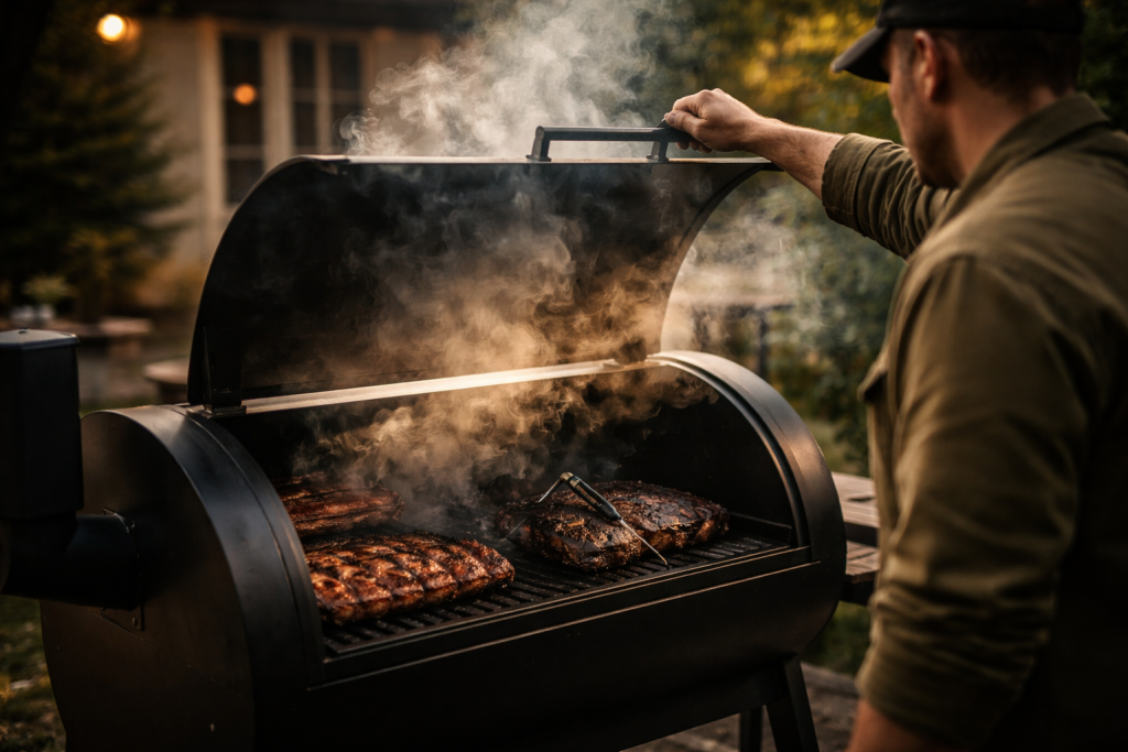 [dark] Sekundær hero til undersider: fokus på en person, der arbejder ved en grill/smoker med synlig røg og varme, tættere beskåret og mere teknisk stemning, men stadig hyggelig og indbydende.