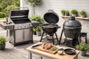 [light] Servicebillede til guides om grill: et overskueligt setup med forskellige typer grill (gas, kul, kamado) og velorganiseret udstyr i en moderne dansk have.