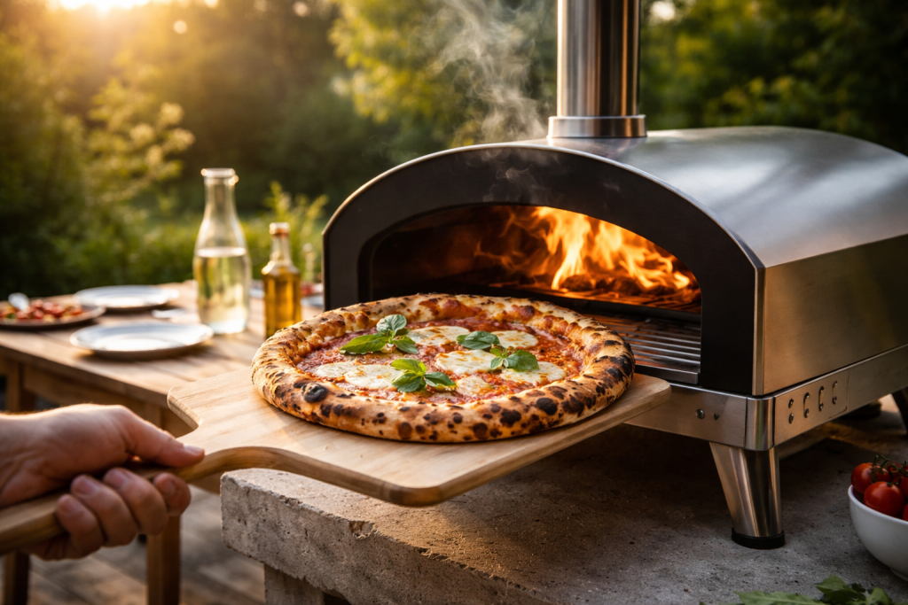 [light] Servicebillede til pizzaovn i haven: fokus på en udendørs pizzaovn, hvor en sprød pizza netop bliver taget ud, med have og hygge som baggrund.