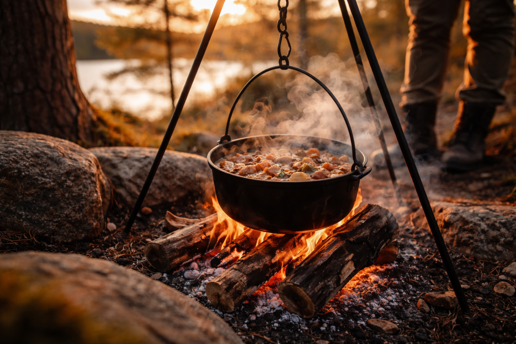 [dark] Servicebillede til outdoor cooking og bålmad: et rustikt bålsted med gryde/støbejernspande over åben ild, omgivet af naturstemning.