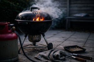 Fedtbrand på grillen: ro på, låg på, flammer ned