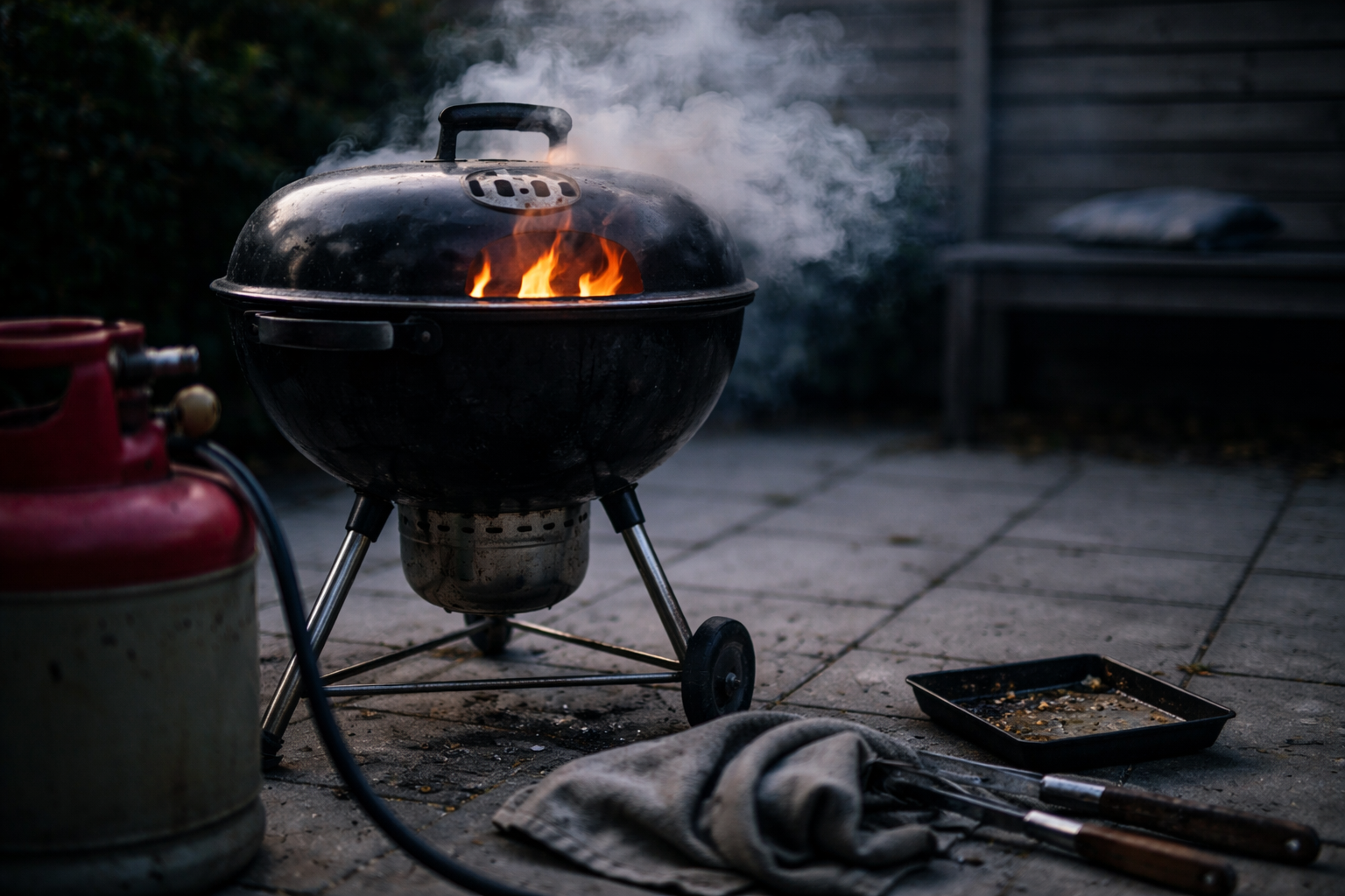 Fedtbrand på grillen: ro på, låg på, flammer ned