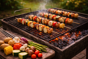 Grøntsagsspyd på grill: rækkefølge, varmezoner og stegetider