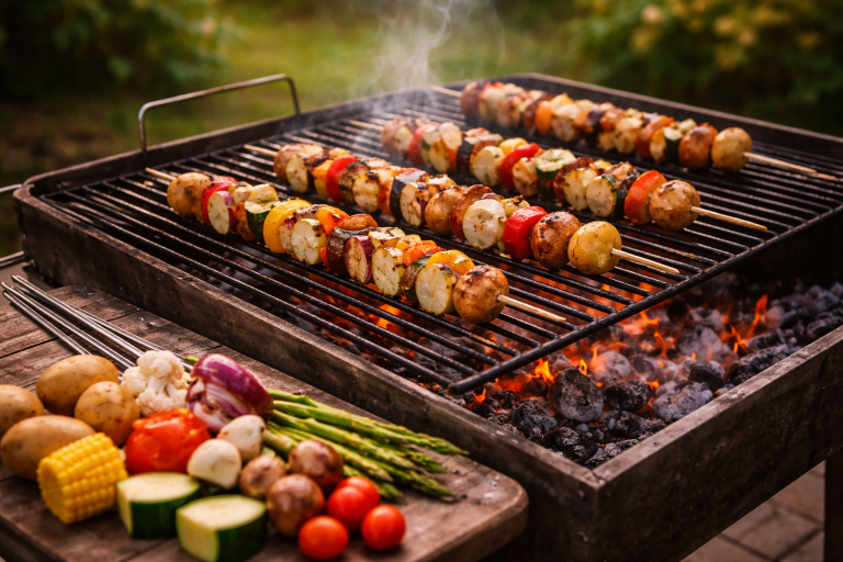 Grøntsagsspyd på grill: rækkefølge, varmezoner og stegetider