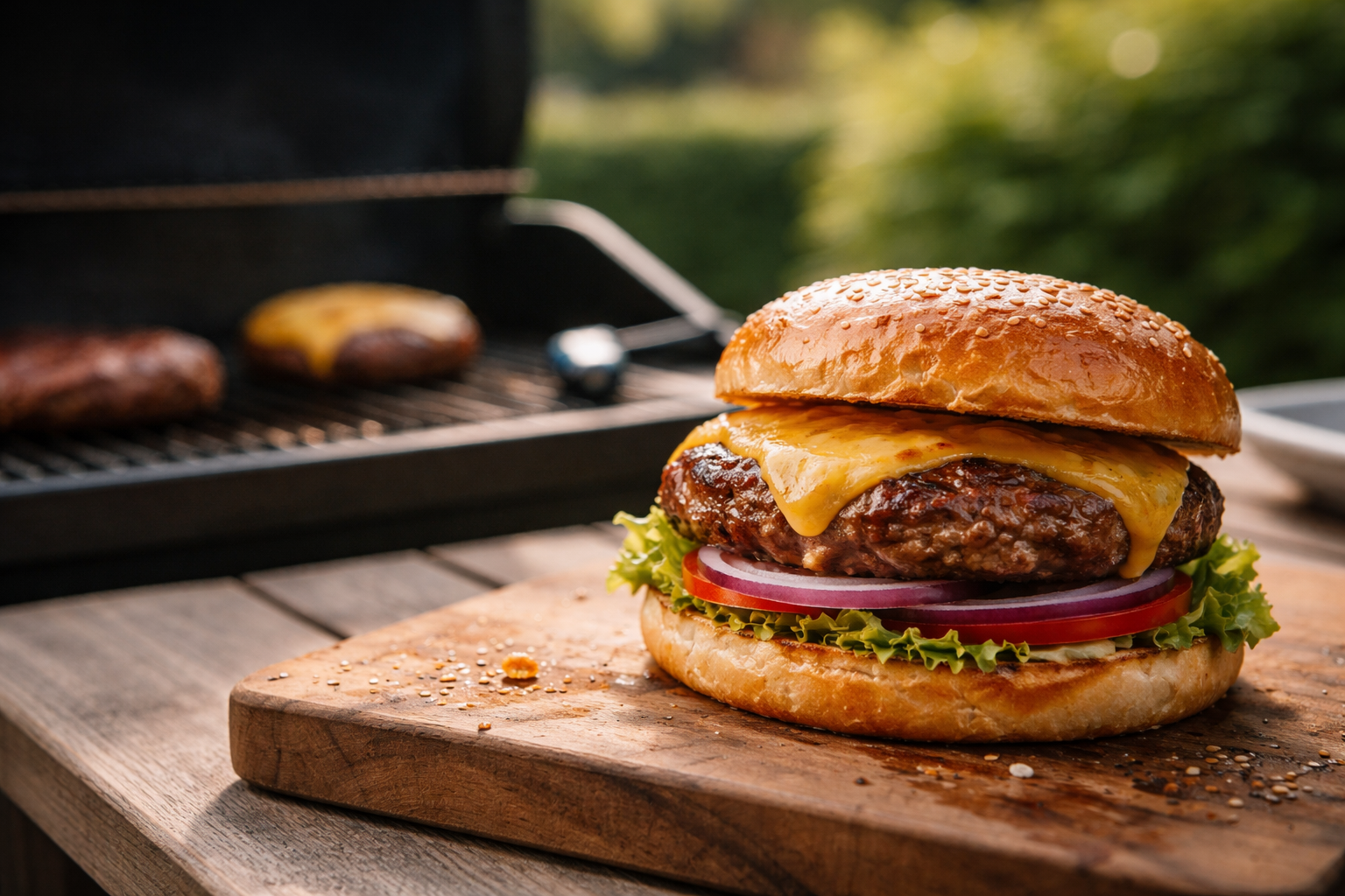 Klassisk cheeseburger på grill: saftig bøf, smeltet ost og styr på varmen